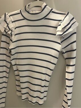 Striped Ruffle Shoulder Mock Neck Top - White/Navy T.la Anthropologie